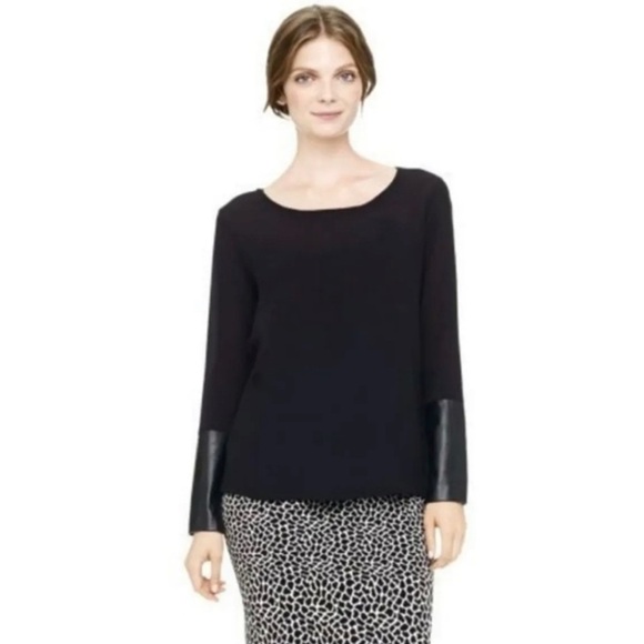 🏷️ 2/$20 Club Monaco Black Silk Blouse with Leather Detail - Picture 1 of 6